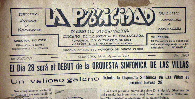 Periódico La Publicidad refiere debut de la Sinfónica de Las Villas.