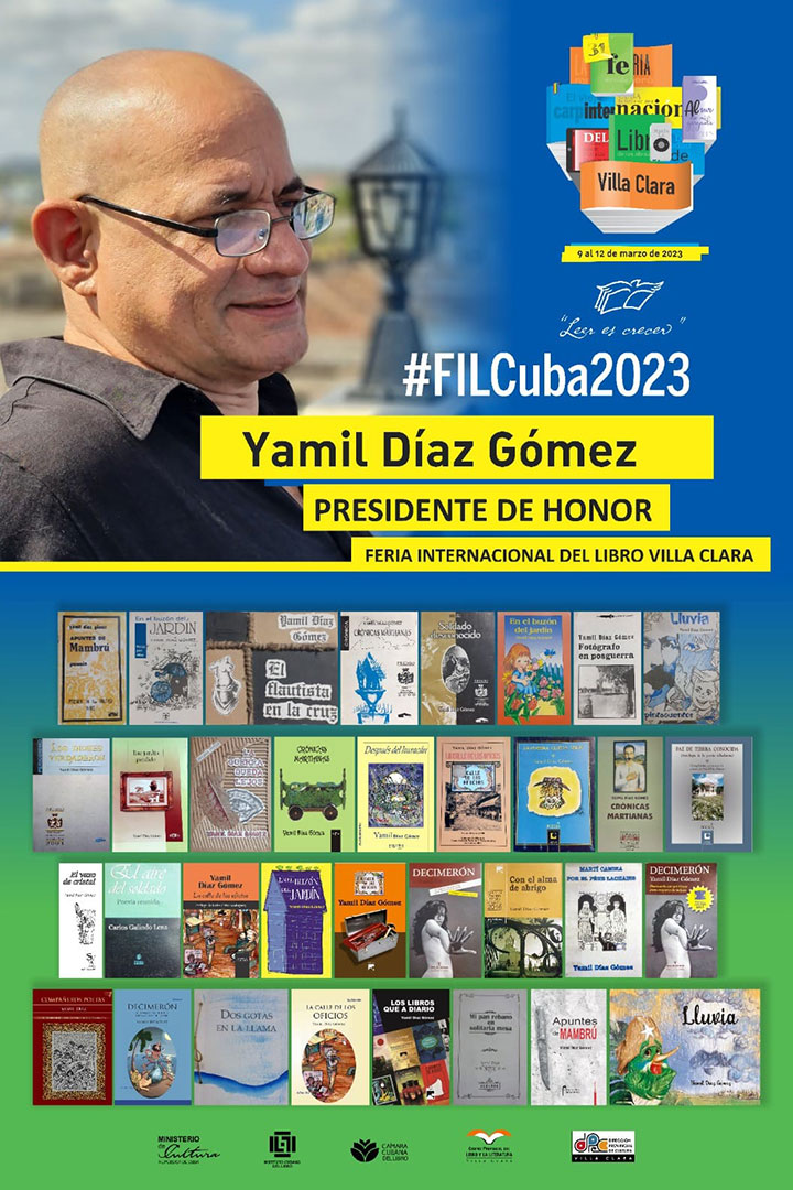 Cartel de la Feria Internacional del Libro en Villa Clara, con Yamil Díaz como presidente de honor.