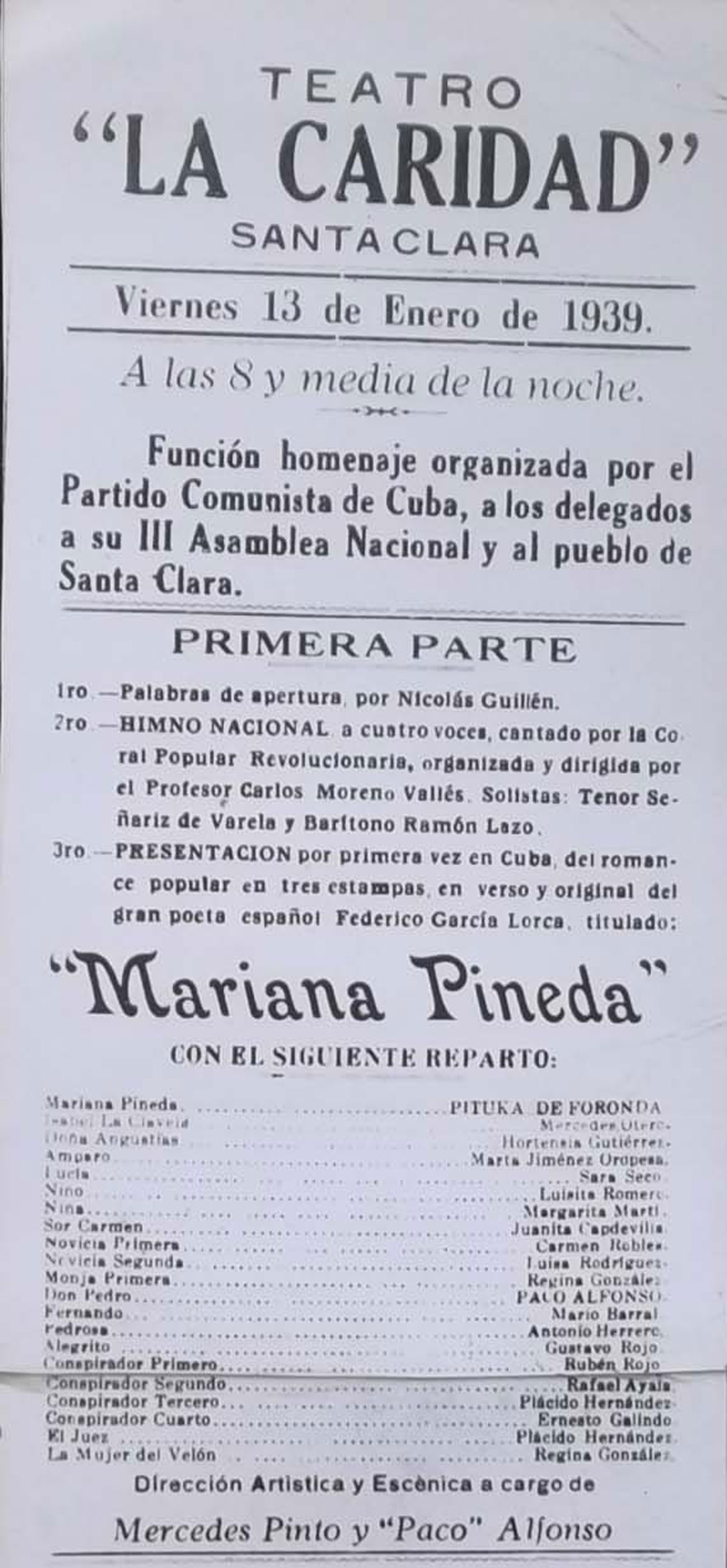 Primera presentación de la obra Mariana Pineda en Cuba 