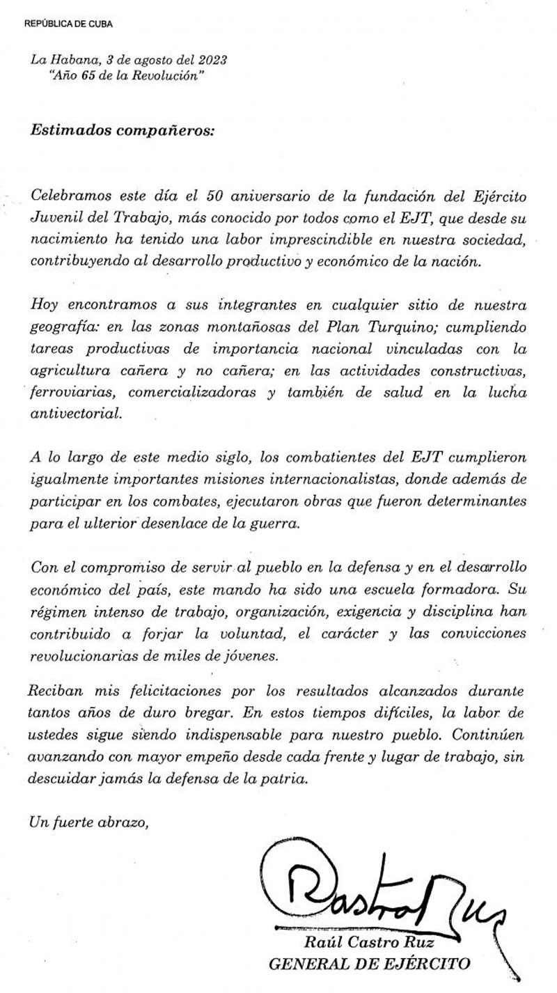 Carta de felicitación del General de Ejército Raúl Castro Ruz al Ejército Juvenil del Trabajo.