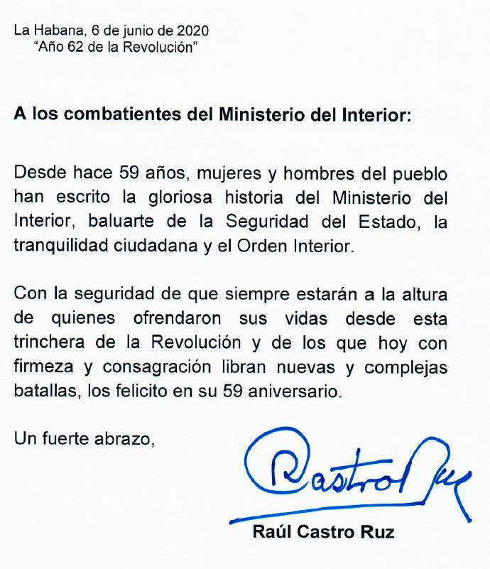 Carta de Raúl Castro Ruz por el aniversario 59 del Minint.