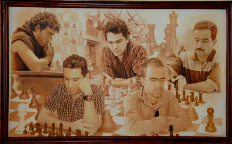 Foto de los Grandes Maestros vivos de Villa Clara en el momento de la inauguración del Palacio del Ajedrez.