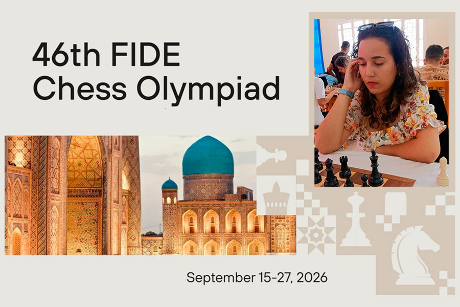 Ajedrecista villaclareña Roxangel Obregón y cartel de la Olimpiada Mundial.