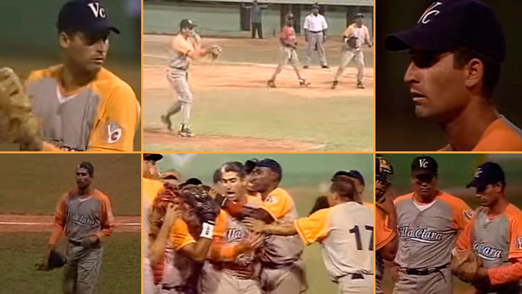 Momentos de Vladimir Hernández, pitcher ganador en el quinto juego del play off de cuartos de final entre Villa Clara y Santiago de Cuba, Serie Nacional de Béisbol 2002-2003.