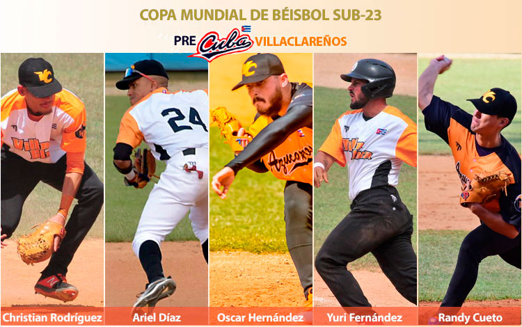 Christian Rodríguez, Ariel Díaz, Oscar Hernández, Yuri Fernández y Randy Cueto, peloteros de Villa Clara en la preselección de Cuba para la Copa Mundial Sub-23 de Béisbol..