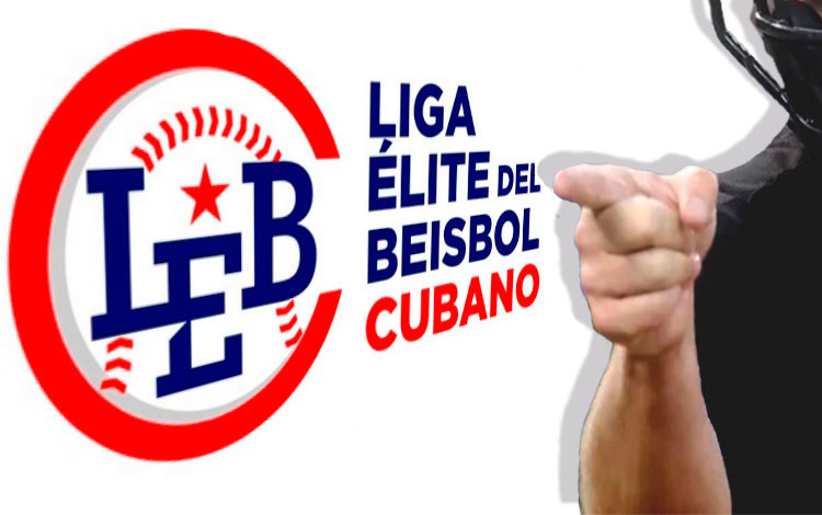 Logo de la Serie Élite de la pelota cubana y árbitro señalando strike.