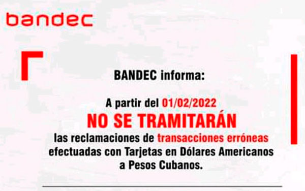 Disposición de Bandec sobre transacciones erróneas con tarjetas de USD.