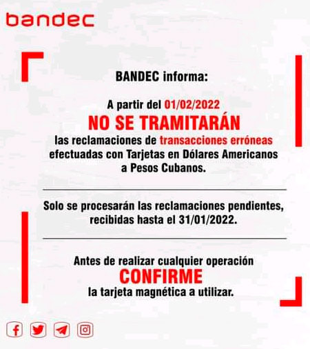 Disposición de Bandec sobre error en transacciones con tarjetas de USD.