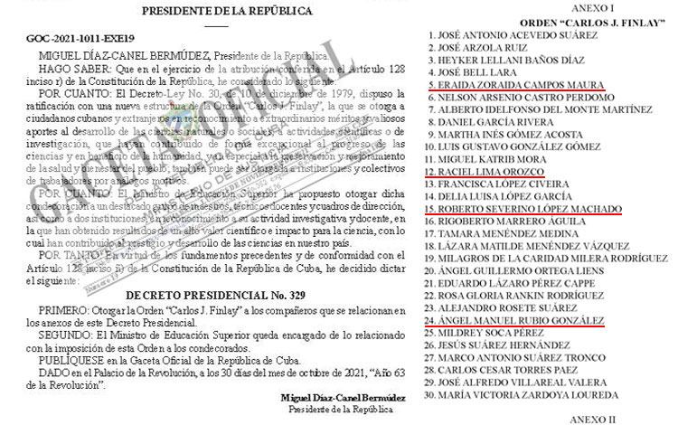 Fragmento de la Gaceta Oficial en la que se publicó el Decreto Presidencial para la entrega de la Orden Carlos J. Finlay.