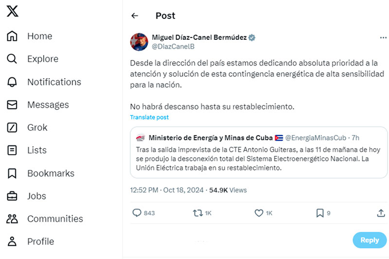 Post de Díaz-Canel sobre contingencia-energética.