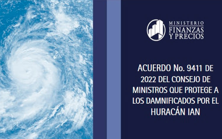 Nota del Ministerio de Finanzas y Precios sobre financiamiento de materiales para damnificados del huracán Ian.
