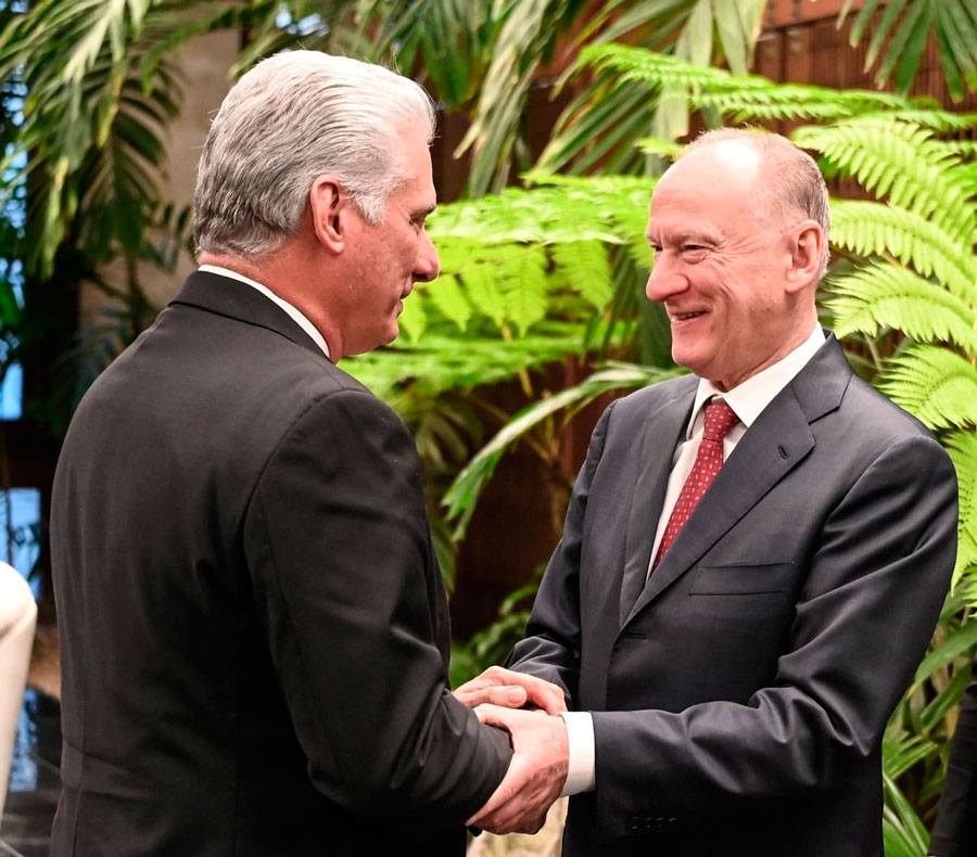 Presidente de Cuba, Miguel Díaz-Canel Bermúdez, recibe al secretario del Consejo de Seguridad de la Federación de Rusia, Nikolái Pátrushev.