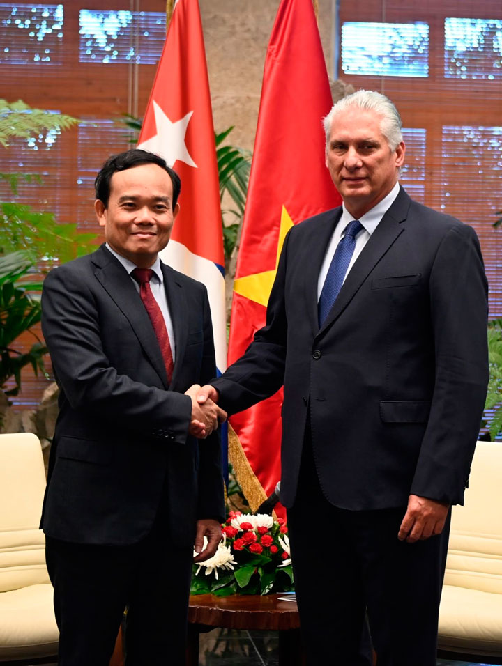 Presidente cubano, Miguel Díaz-Canel Bermúdez, y vice primer ministro de Vietnam, Tran Luu Quang.