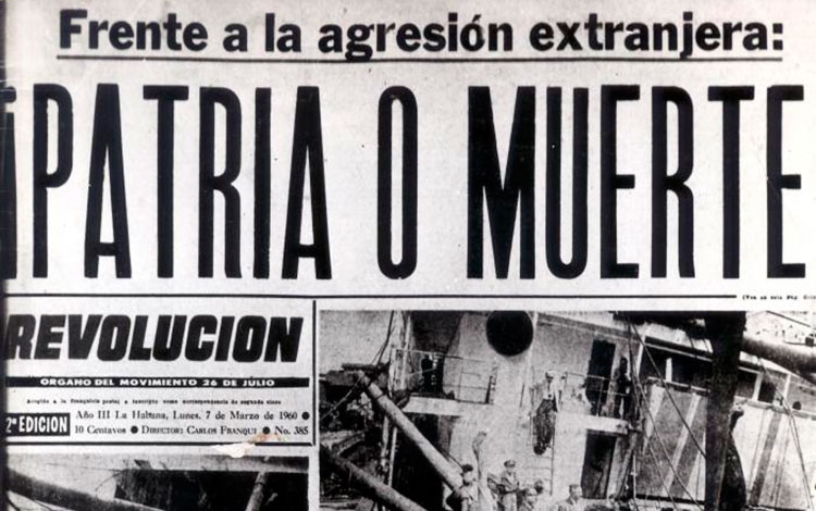 Consigna de Patria o Muerte en periódico Revolución, del 7 de marzo de 1960.