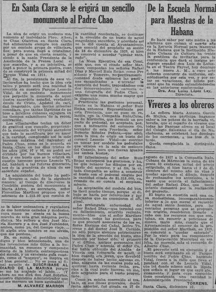 Información del Diario de la Marina sobre el busto al padre Chao. Información del Diario de la Marina sobre el busto al padre Chao.
