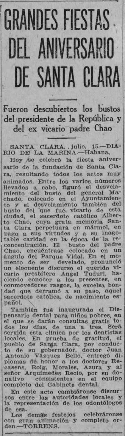 Información sobre la celebración del aniversario de Santa Clara en 1928. Información sobre la celebración del aniversario de Santa Clara en 1928.