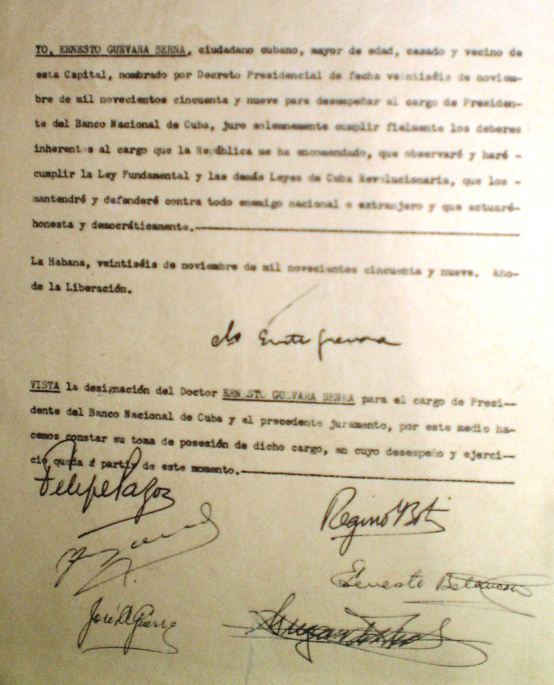 Nombramiento de Ernesto Guevara de la Serna como presidente del Banco Nacional de Cuba.