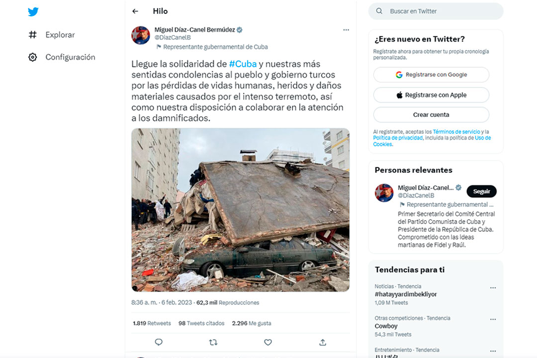 Tuit del presidente de Cuba en solidaridad con el pueblo y el gobierno turcos tras el terremoto del 6 de febrero de 2023.