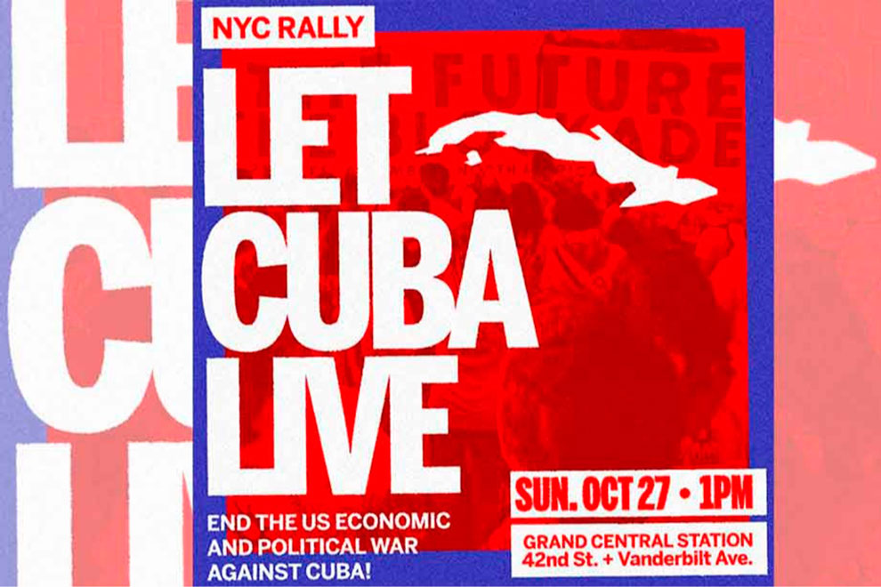 Póster del rally en Estados Unidos contra el bloqueo a Cuba.