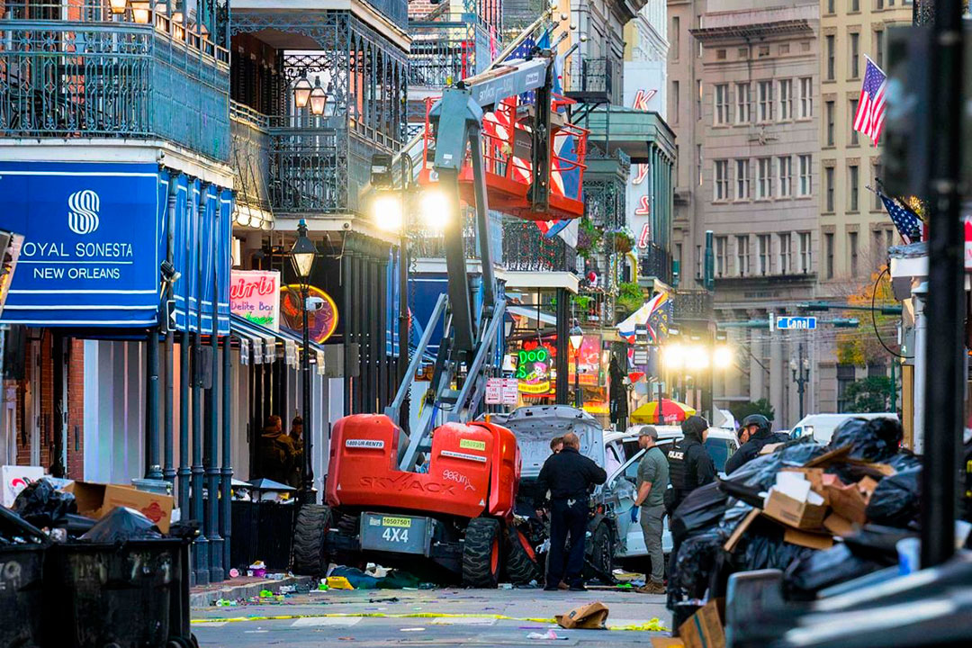 Lugar donde se produjo el acto terrorista de la madrugada el 1.o de enero de 2025, en Nueva Orleans, Estados Unidos.