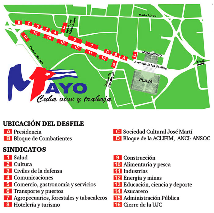 Mapa del desfile del Primero de Mayo de 2022 en Santa Clara, capital de Villa Clara.