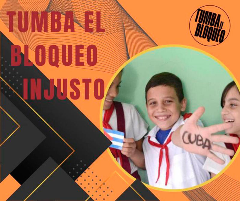 Cartel de Tumba el bloque injusto, con imágen de niños cubanos.