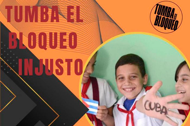 Cartel de Tumba el bloque injusto, con imágen de niños cubanos.