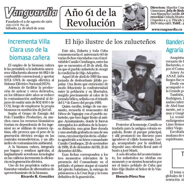 Trabajo sobre Camilo Cienfuegos escrito por Horacio Pérez Noa.