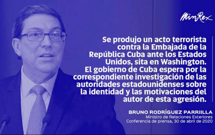 Cita de la conferencia de prensa del canciller de Cuba, Bruno Rodríguez Parrilla, sobre el ataque armado a la sede diplomática de Cuba en Washington, Estados Unidos.