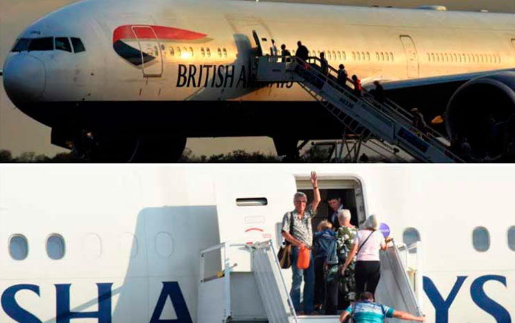 Pasajeros del crucero MS Braemar abordan avión rumbo al Reino Unido.