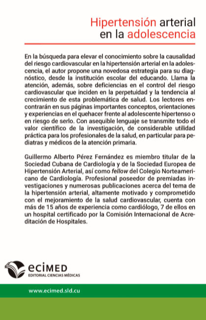 Contraportada del libro La hipertensión arterial en la adolescencia. Complejidades, deficiencias y soluciones.